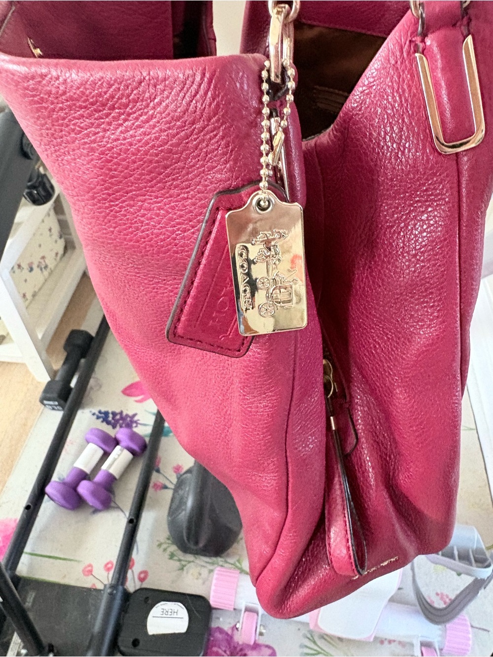 Coach Pebbled Leather Shoulder Tote in Berry Plum - Picture 7 of 13